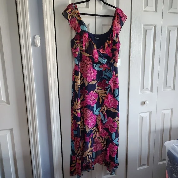 Kenzie Tropical Floral Faux Wrap Dress Sz 14 - Picture 4 of 9